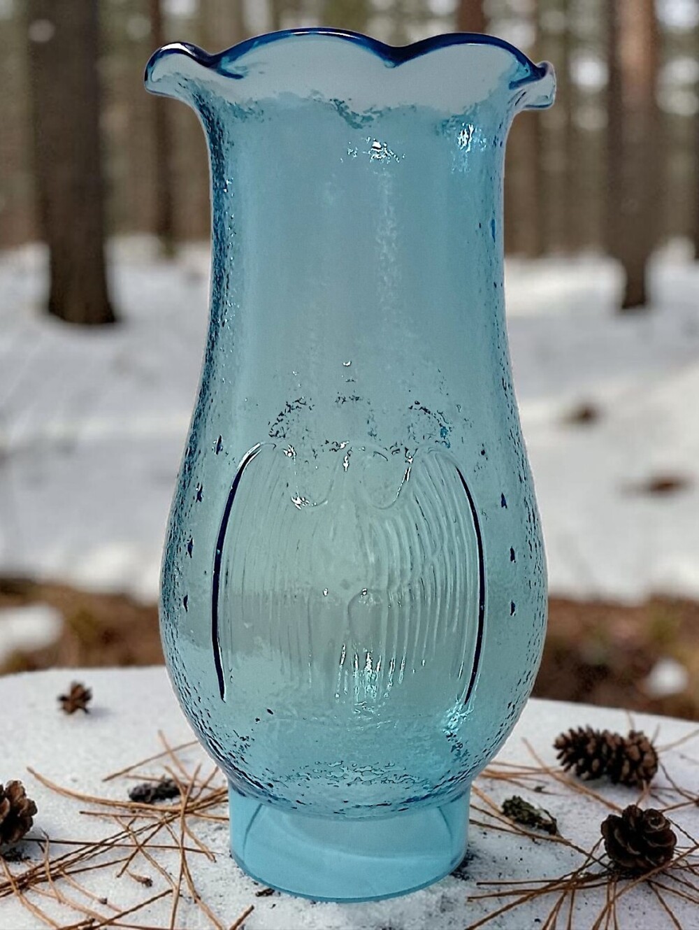 Vtg Blue Glass Oil Lamp Shade Fitter Wavy Embossed Eagle Patriotic Americana